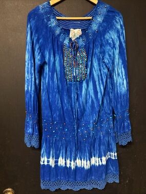 Faith brand Beaded Tie-Dye Blue Tunic Blouse
